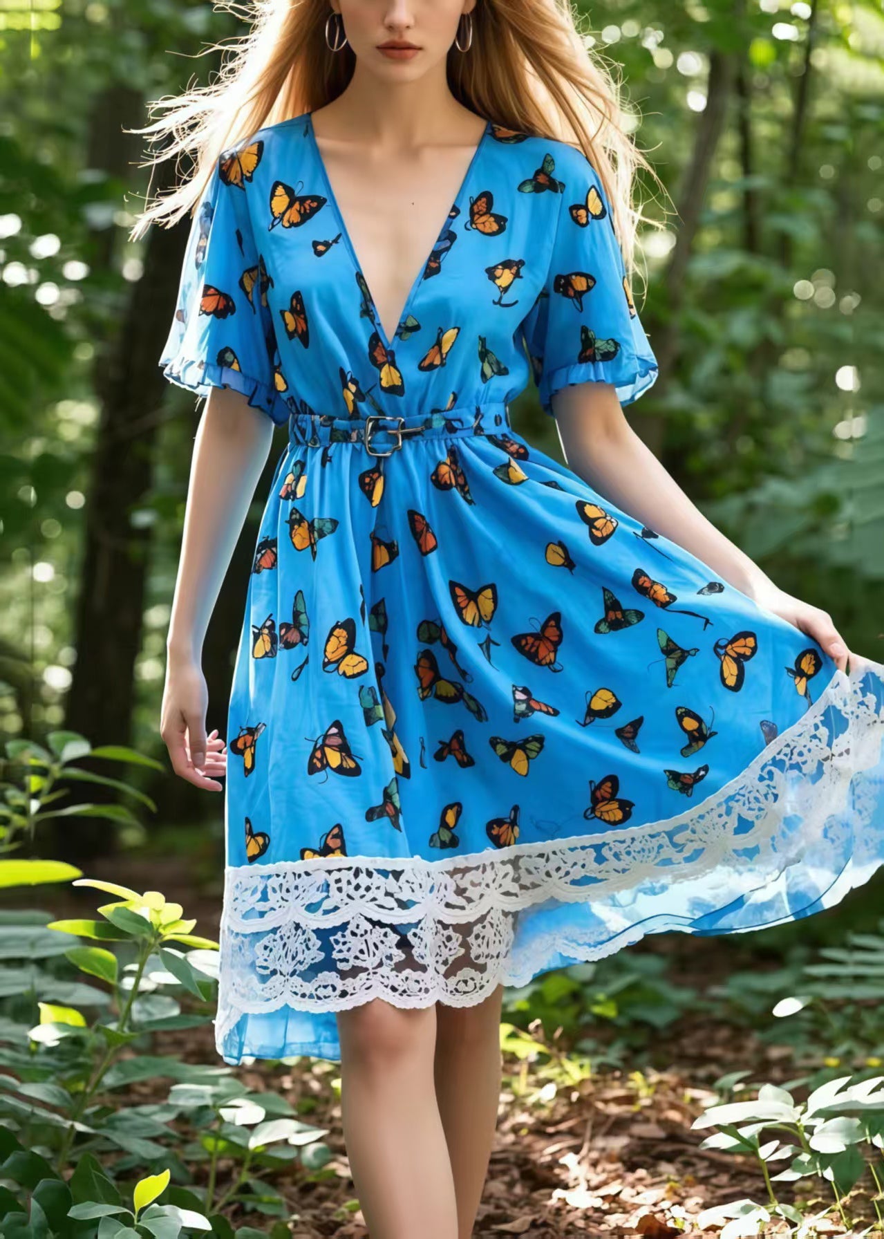 Beautiful Blue Butterfly Patchwork Lace Mid Dress Summer