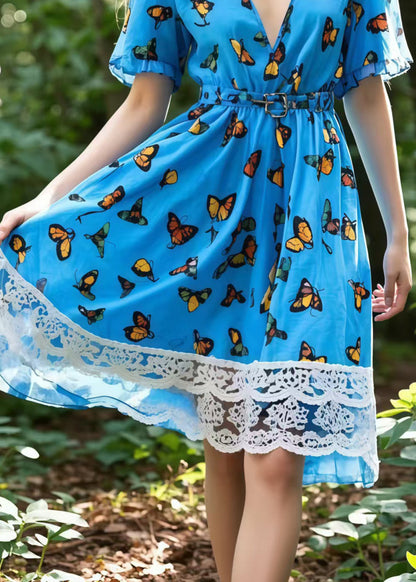 Beautiful Blue Butterfly Patchwork Lace Mid Dress Summer