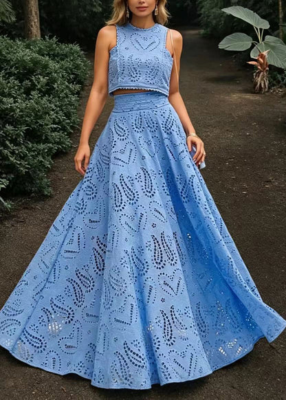 Beautiful Blue Cut Out Top And Exra Large Hem Skirts Two Pieces Set Sleeveless