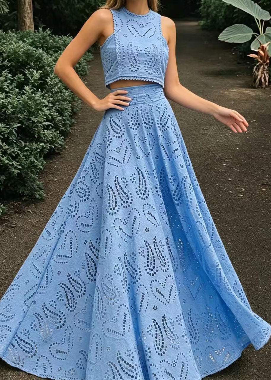 Beautiful Blue Cut Out Top And Exra Large Hem Skirts Two Pieces Set Sleeveless