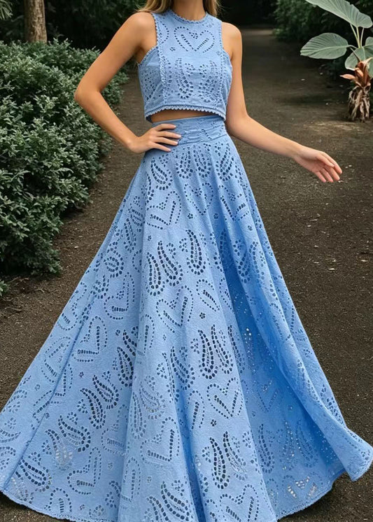 Beautiful Blue Cut Out Top And Exra Large Hem Skirts Two Pieces Set Sleeveless
