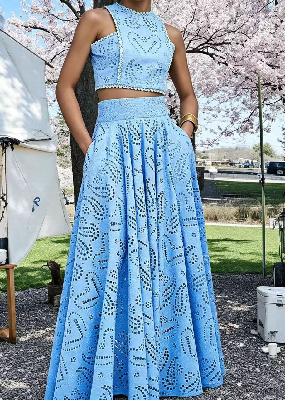Beautiful Blue Cut Out Top And Exra Large Hem Skirts Two Pieces Set Sleeveless