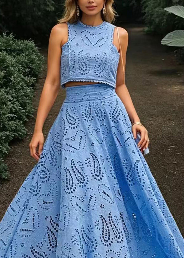 Beautiful Blue Cut Out Top And Exra Large Hem Skirts Two Pieces Set Sleeveless