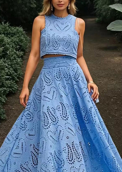 Beautiful Blue Cut Out Top And Exra Large Hem Skirts Two Pieces Set Sleeveless