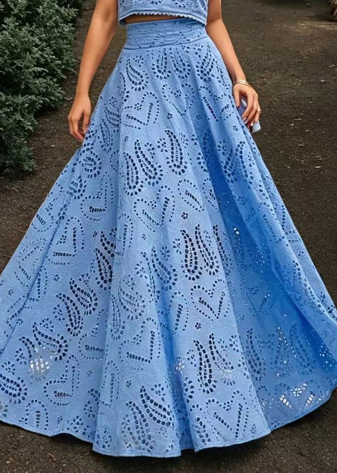 Beautiful Blue Cut Out Top And Exra Large Hem Skirts Two Pieces Set Sleeveless
