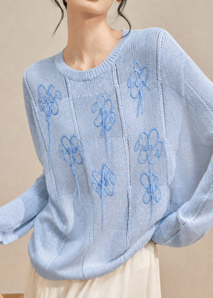 Beautiful Blue Embroidered Cotton Knit Sweaters Long Sleeve