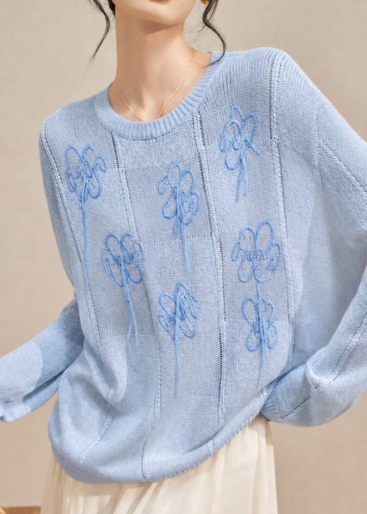 Beautiful Blue Embroidered Cotton Knit Sweaters Long Sleeve