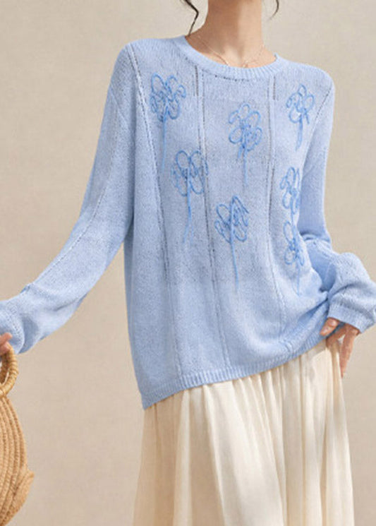 Beautiful Blue Embroidered Cotton Knit Sweaters Long Sleeve