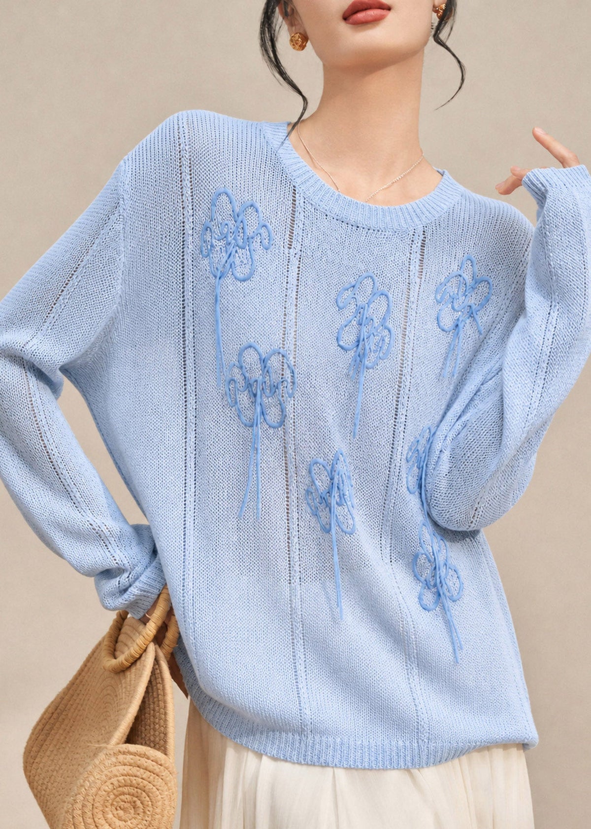 Beautiful Blue Embroidered Cotton Knit Sweaters Long Sleeve