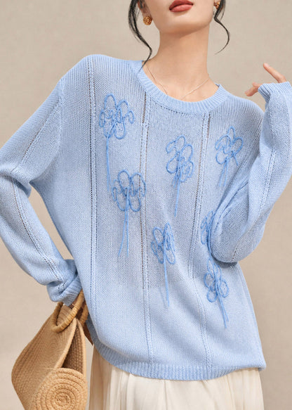 Beautiful Blue Embroidered Cotton Knit Sweaters Long Sleeve