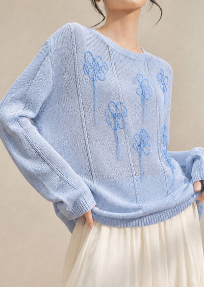 Beautiful Blue Embroidered Cotton Knit Sweaters Long Sleeve