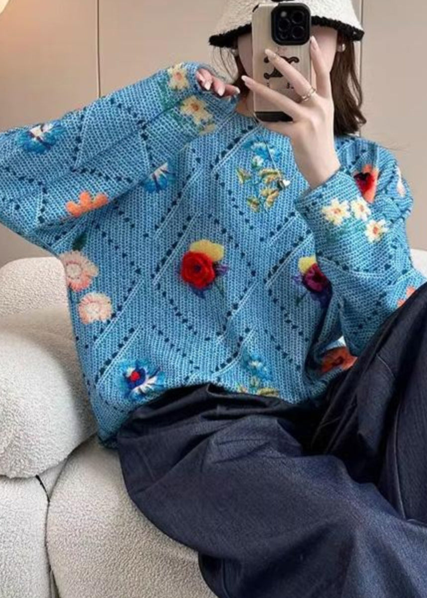 Beautiful Blue Floral Hollow Out Cotton Knit Sweater Tops Batwing Sleeve