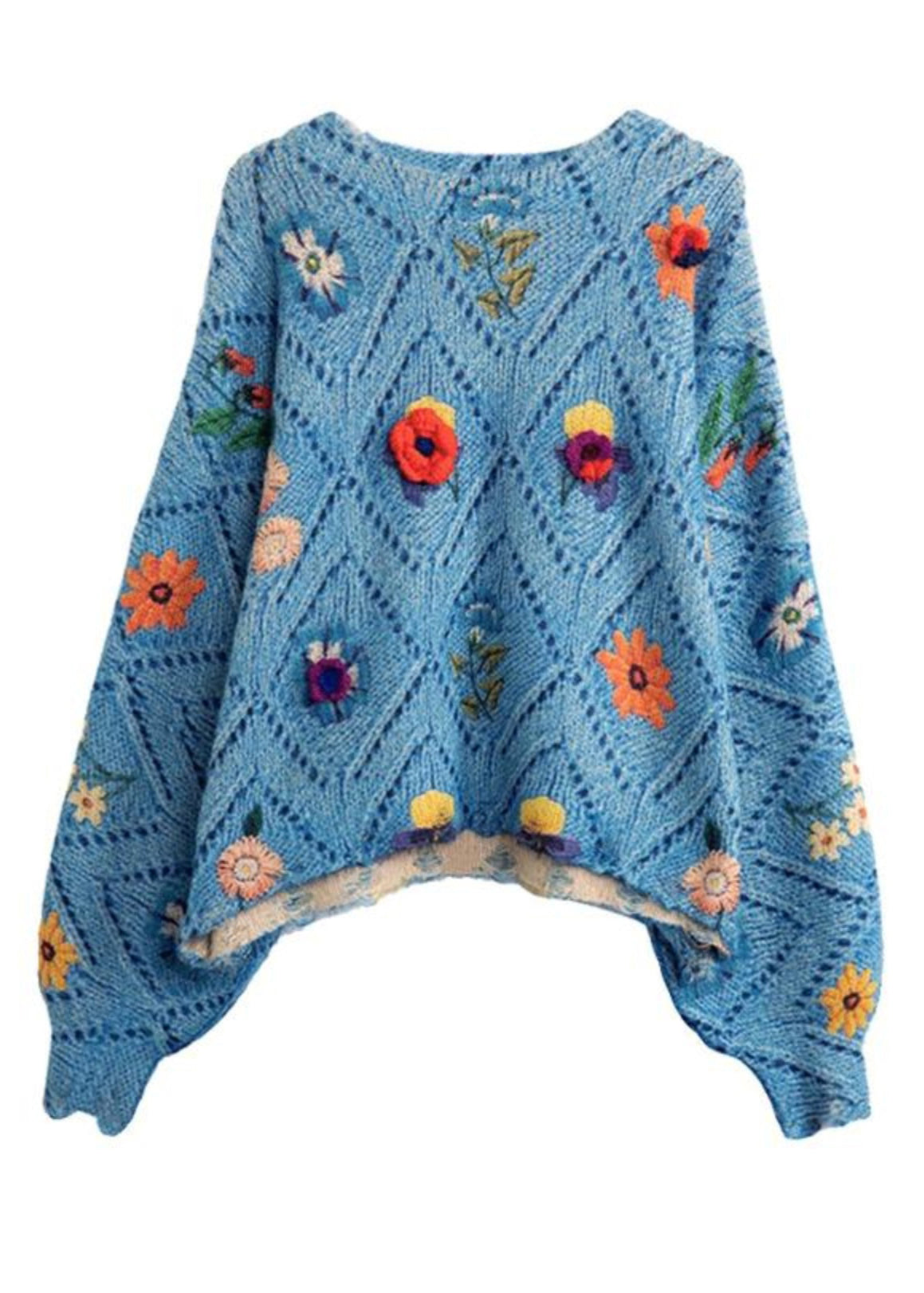 Beautiful Blue Floral Hollow Out Cotton Knit Sweater Tops Batwing Sleeve