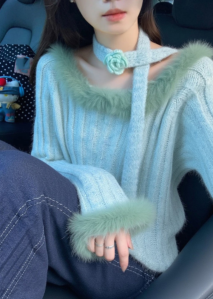 Beautiful Blue Fur Collar Floral Cozy Cotton Knit Sweaters Spring