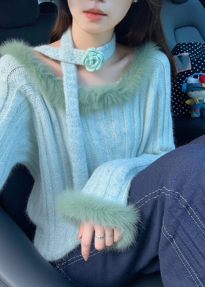 Beautiful Blue Fur Collar Floral Cozy Cotton Knit Sweaters Spring