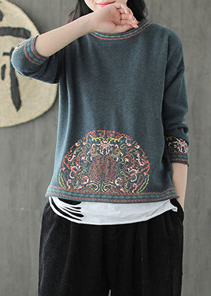 Beautiful Blue Green O-Neck Jacquard Fall Knit Sweater