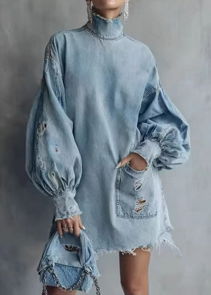 Beautiful Blue High Neck Ripped Raw Hem Denim Dress Lantern Sleeve
