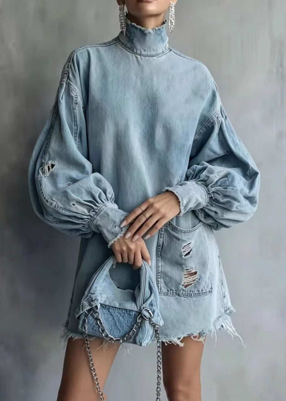 Beautiful Blue High Neck Ripped Raw Hem Denim Dress Lantern Sleeve