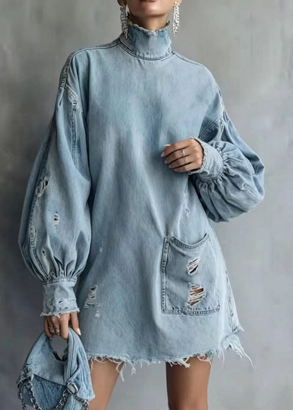 Beautiful Blue High Neck Ripped Raw Hem Denim Dress Lantern Sleeve