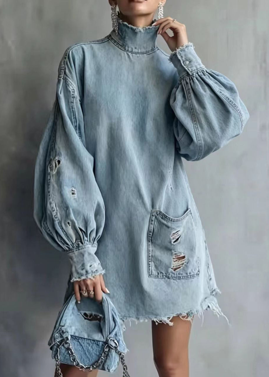 Beautiful Blue High Neck Ripped Raw Hem Denim Dress Lantern Sleeve