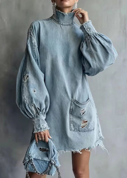 Beautiful Blue High Neck Ripped Raw Hem Denim Dress Lantern Sleeve