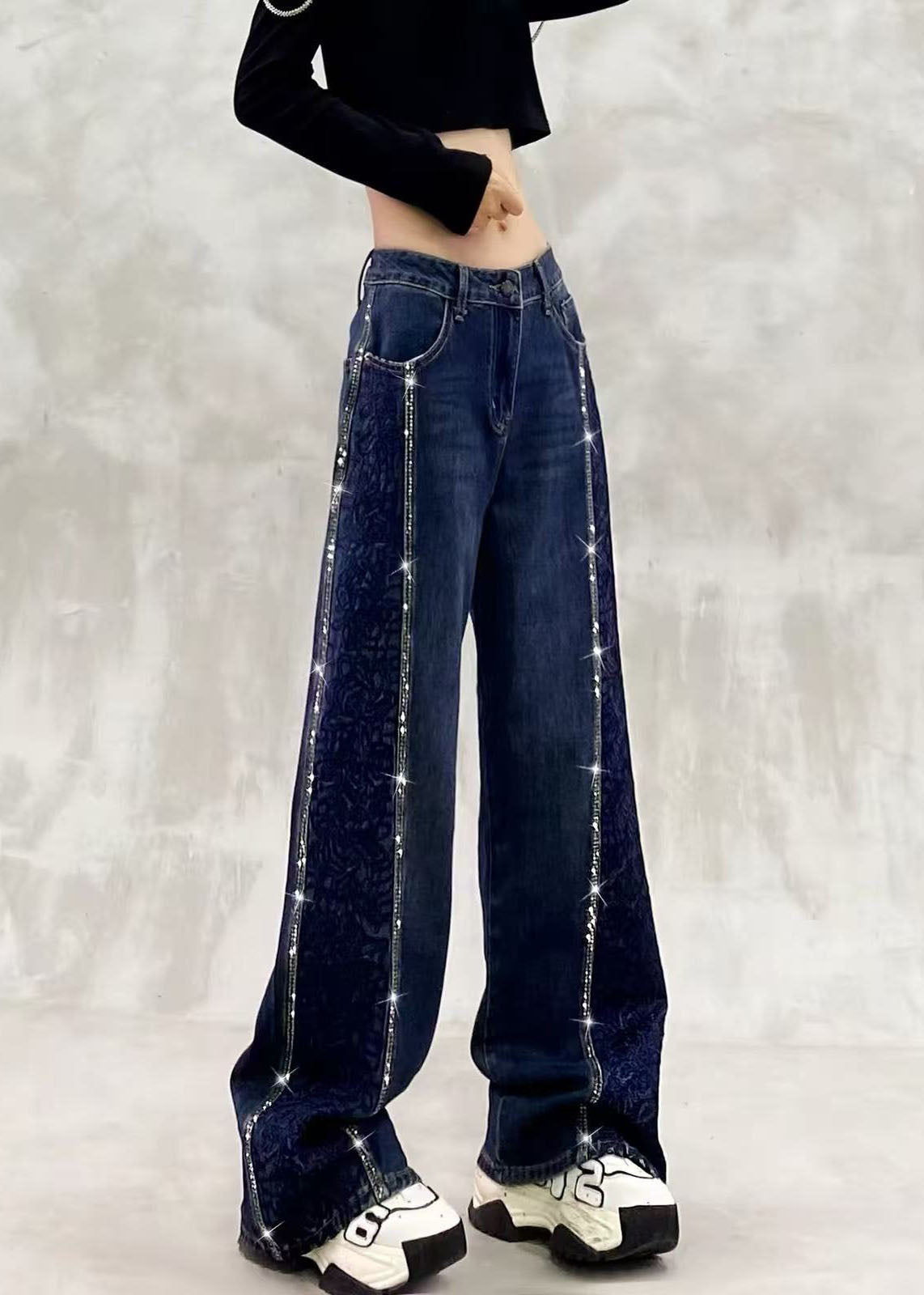 Beautiful Blue High Waist Side Embroidered Rhinestone Denim Wide Leg Pants Fall
