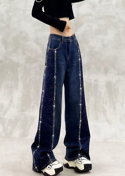 Beautiful Blue High Waist Side Embroidered Rhinestone Denim Wide Leg Pants Fall