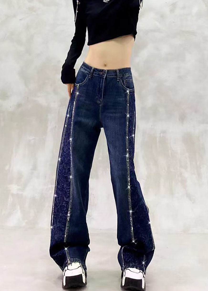 Beautiful Blue High Waist Side Embroidered Rhinestone Denim Wide Leg Pants Fall