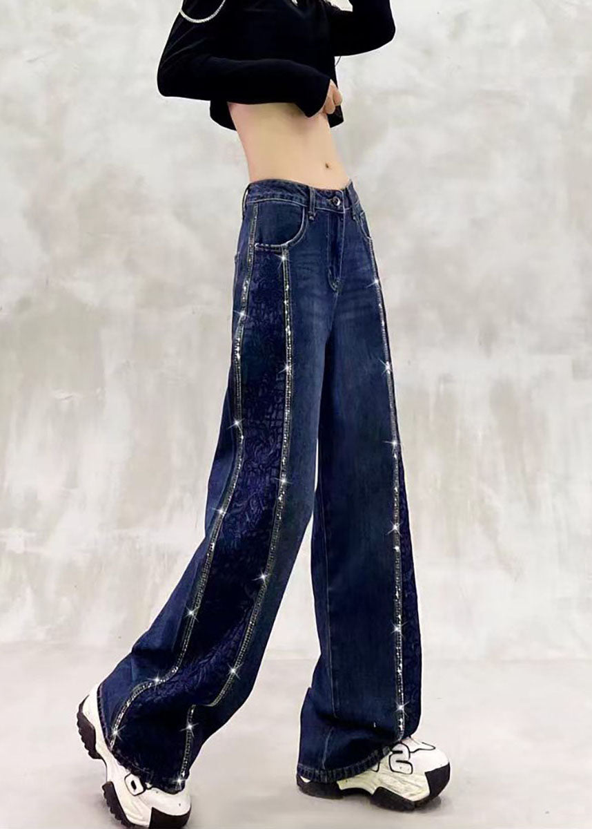 Beautiful Blue High Waist Side Embroidered Rhinestone Denim Wide Leg Pants Fall