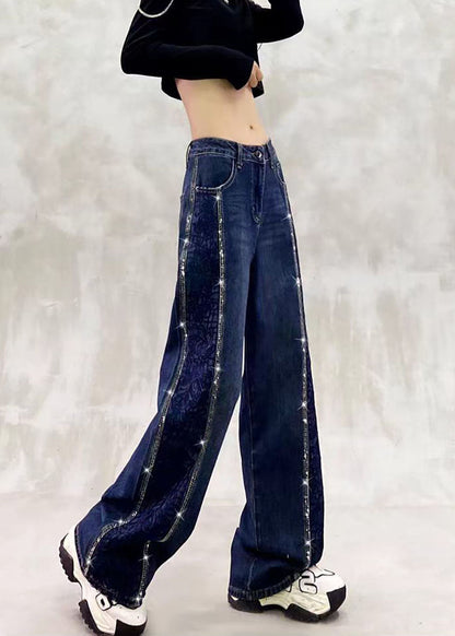 Beautiful Blue High Waist Side Embroidered Rhinestone Denim Wide Leg Pants Fall