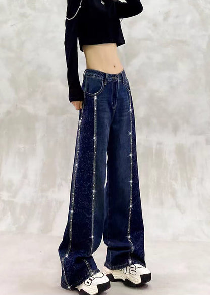 Beautiful Blue High Waist Side Embroidered Rhinestone Denim Wide Leg Pants Fall