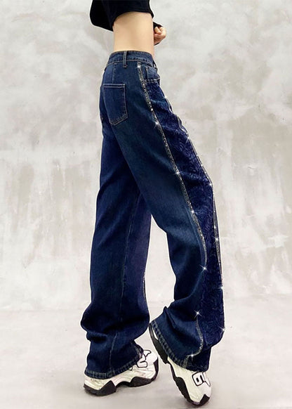 Beautiful Blue High Waist Side Embroidered Rhinestone Denim Wide Leg Pants Fall