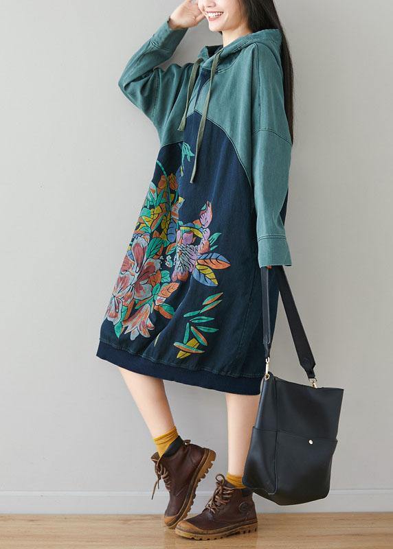 Beautiful Blue Hooded Pockets Drawstring Print Fall Sweatshirts Dress - SooLinen