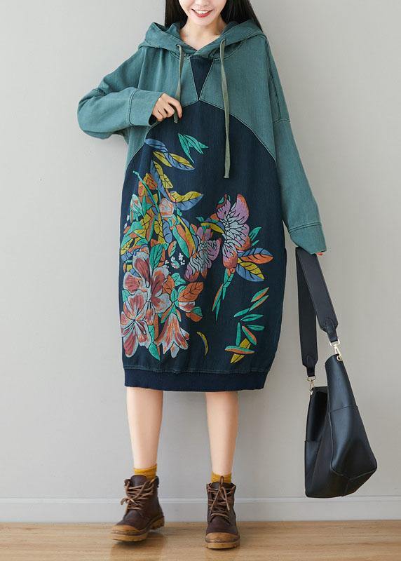Beautiful Blue Hooded Pockets Drawstring Print Fall Sweatshirts Dress - SooLinen