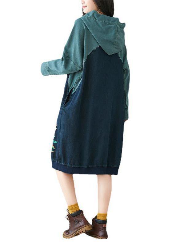 Beautiful Blue Hooded Pockets Drawstring Print Fall Sweatshirts Dress - SooLinen