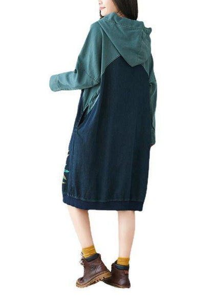 Beautiful Blue Hooded Pockets Drawstring Print Fall Sweatshirts Dress - SooLinen