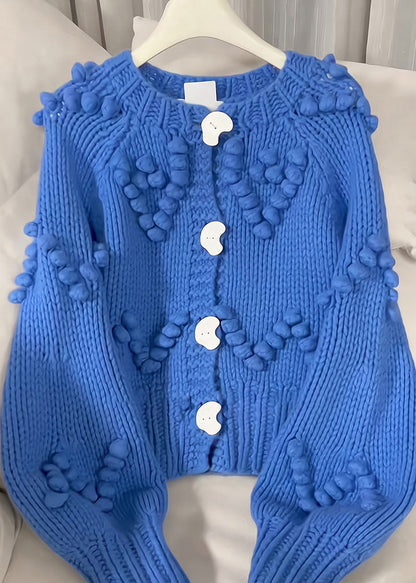 Beautiful Blue O-Neck Button Cotton Knit Cardigan Spring
