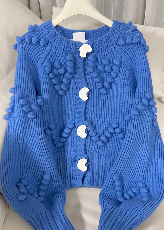 Beautiful Blue O-Neck Button Cotton Knit Cardigan Spring