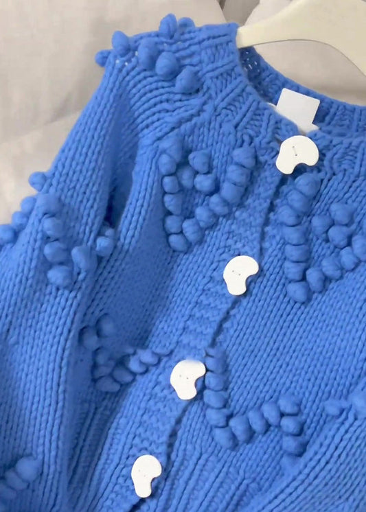 Beautiful Blue O-Neck Button Cotton Knit Cardigan Spring