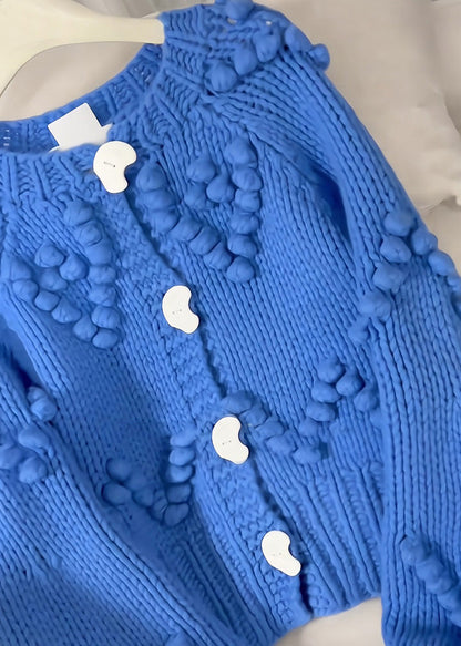 Beautiful Blue O-Neck Button Cotton Knit Cardigan Spring