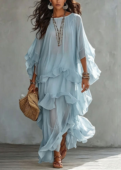Beautiful Blue O-Neck Patchwork Solid Long Dress Summer