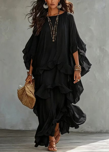 Beautiful Blue O-Neck Patchwork Solid Long Dress Summer