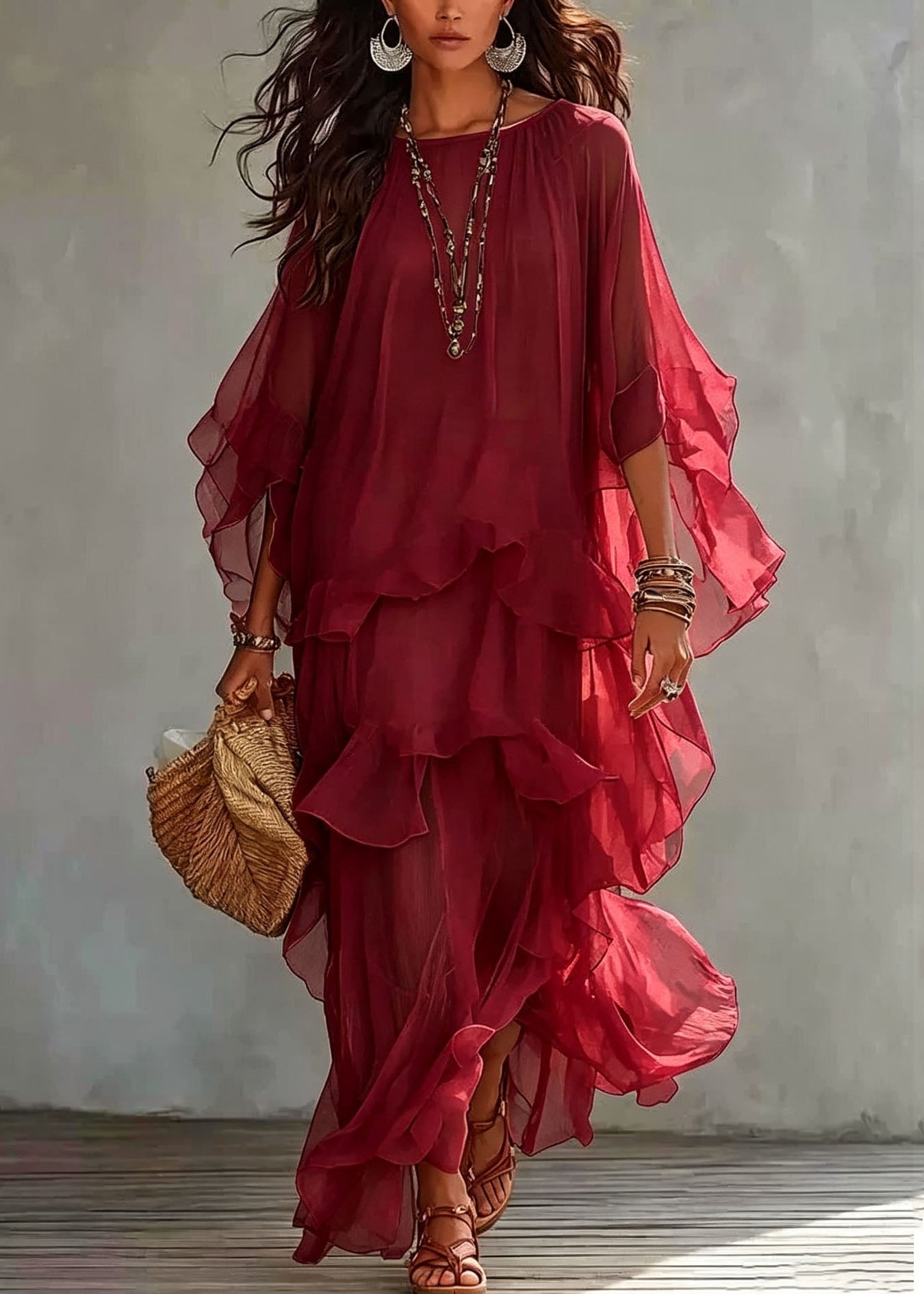 Beautiful Blue O-Neck Patchwork Solid Long Dress Summer