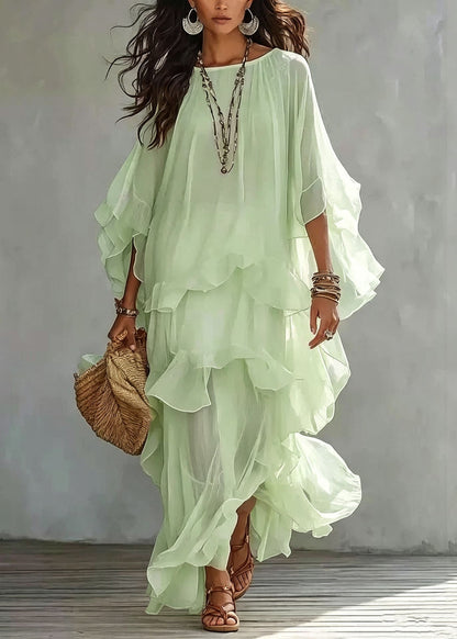 Beautiful Blue O-Neck Patchwork Solid Long Dress Summer