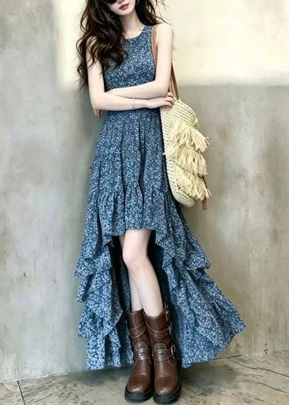 Beautiful Blue O-Neck Print Asymmetrical Dress Sleeveless