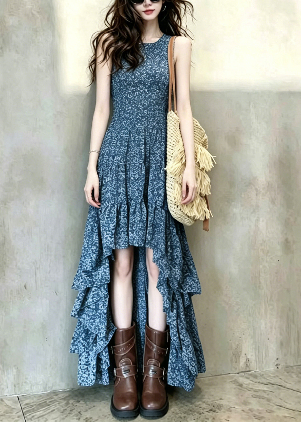 Beautiful Blue O-Neck Print Asymmetrical Dress Sleeveless