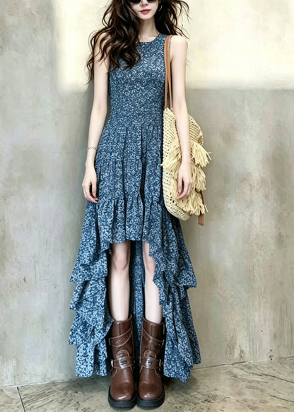 Beautiful Blue O-Neck Print Asymmetrical Dress Sleeveless