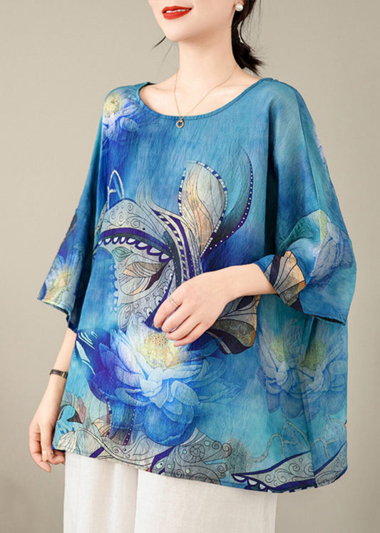 Beautiful Blue O Neck Print Cotton T Shirt Top Summer