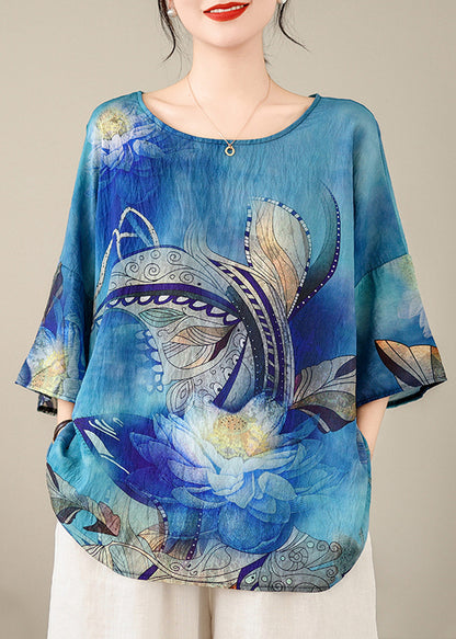 Beautiful Blue O Neck Print Cotton T Shirt Top Summer