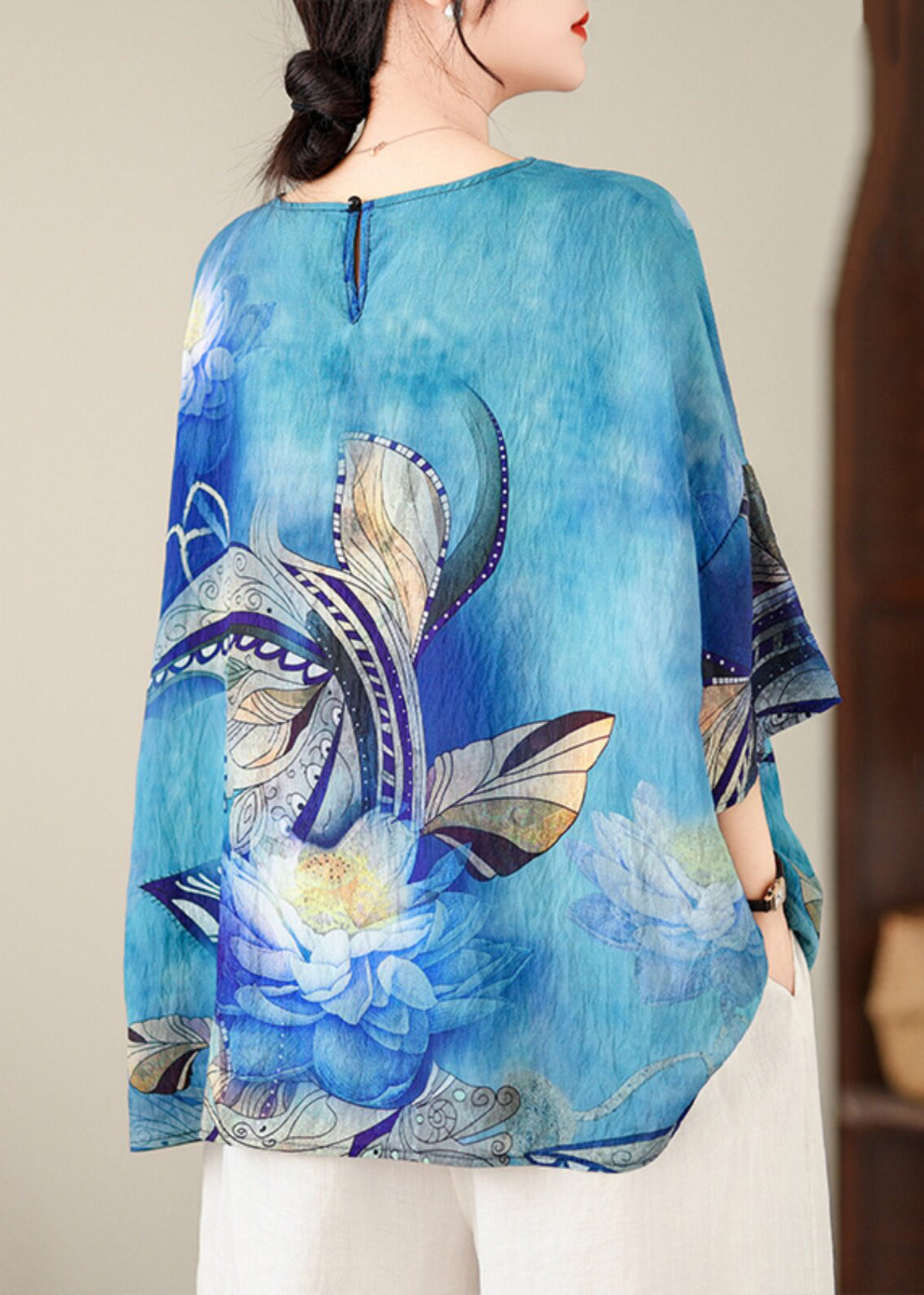Beautiful Blue O Neck Print Cotton T Shirt Top Summer